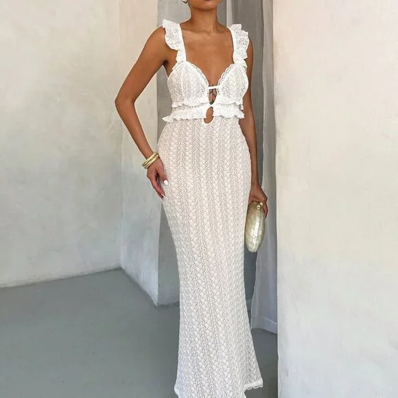 White Elegant Women's Sexy Off-Shoulder Crochet Dress - Picture 4 of 5